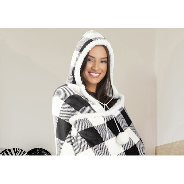 Sort og hvid ternet bærbart hættetrøjetæppe, oversized hættetrøjetæppe, bærbart tæppe til voksne, snuggle hættetrøjetæppe, sweatshirt-tæppe