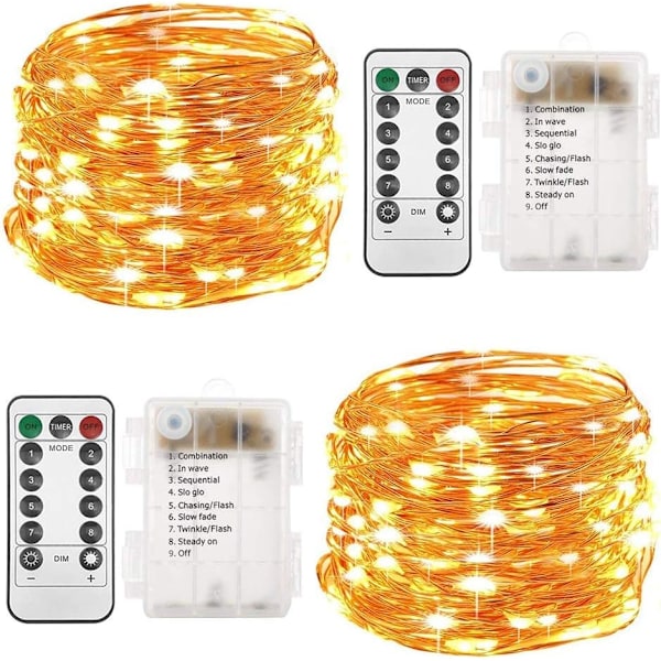 2-pak Batteridrevne Julelys, 10 Meter 100 LED Lyslenke med Fjernkontroll Timer Blinkende Feelyst 8 Moduser Firefly Lys for Gaver