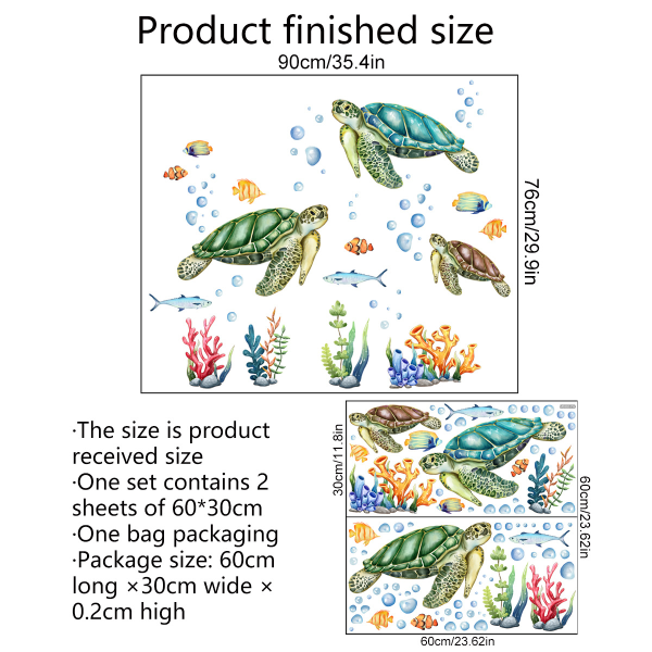 Havskildpadde, vandplanter, bobler og fisk, soveværelse baggrund vægklistermærker (30*60cm, 2 stk.)