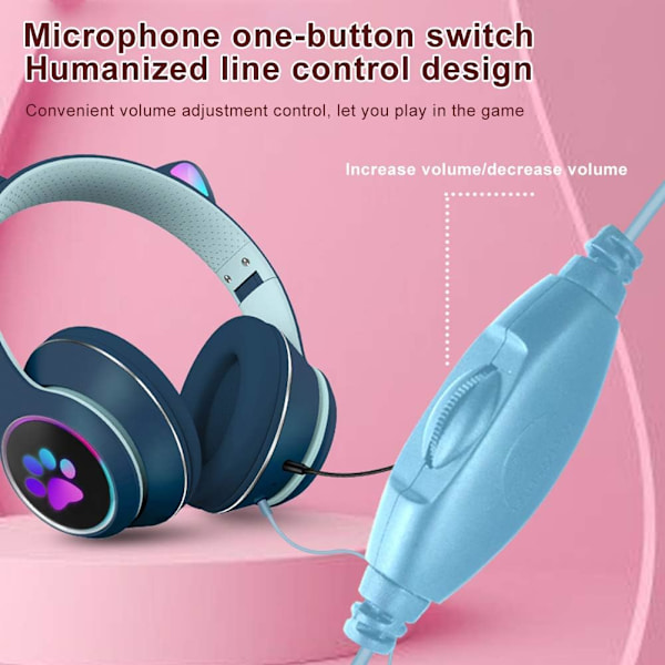 Marineblå - 1 par søde katteører gaming-hovedtelefoner, foldbare, strækbare, kablede, med mikrofon, stereo, lysende