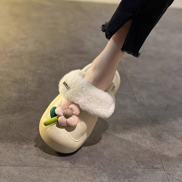 Varma tofflor för kvinnor, bekväma minnessvampblommtofflor, fluffiga halkfria bekväma plysch utomhus inomhus hemtofflor 24cm