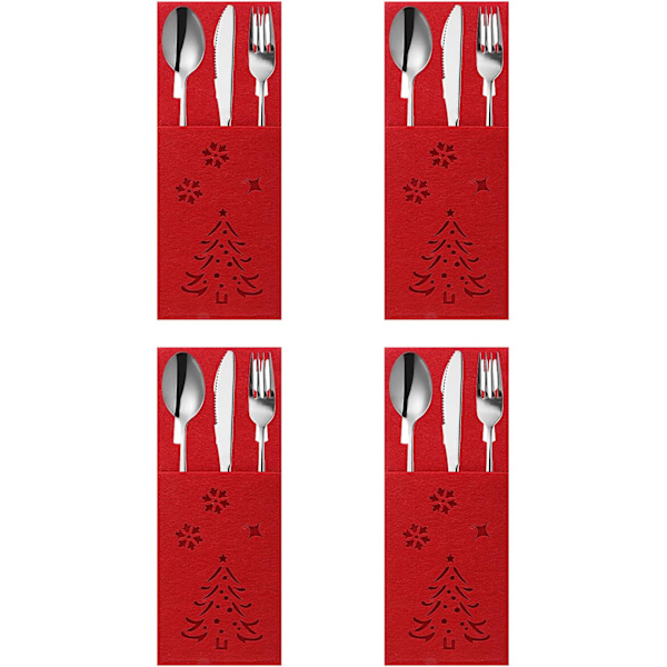 Julbestickhållare, 4 stycken (8X20CM) Röd julgranformad filt bestick, Julbestick i praktisk påse, Bestickhållare för jul