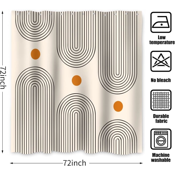 Bohemian MidCentury -suihkuverho, yksinkertainen abstrakti kaari Yksinkertainen aurinko Moderni beige Konepestävä Vedenpitävä kangas Kylpyhuoneen sisustus Amme 12 hupulla