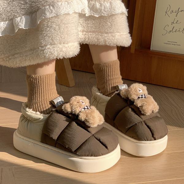 Bear Shoes erbjuder optiskt varma damtofflor i fluffig bomull för hemmabruk med enfärgade ID-foton, enkla vattentäta skor 24,5 cm