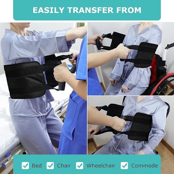 Patient Transfer Bælte, 45cm, til sikker overførsel i seng, bil, kørestol, seng til handicappede, ældre, tilskadekomne (sort)