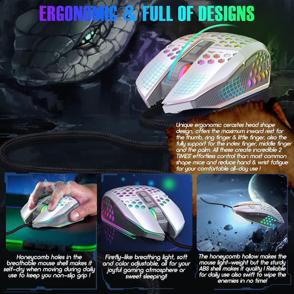 Ergonomisk Gaming Mus - USB Wired Mus med 6 DPI Niveauer / Tilpassede Knapper / RGB Baggrundsbelysning - til Windows 7/8/10/XP, Vista, Linux, PC/Mac/Lapt