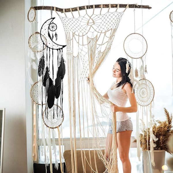 Hvid - 3 stk. Halloween Dream Catcher Sol Måne Stjerne Design Traditionelt Håndlavet Design til Vægophæng Hjemmeindretning (Sort)