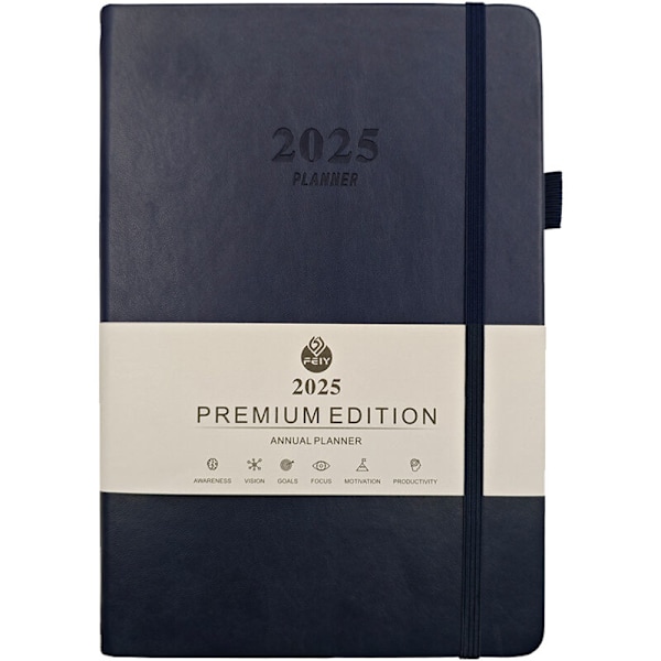 Agenda 2025 - Daglig agenda, veckovis och månadsvis med styv täckning, daglig tidtabell, månadsvisa flikar, tjockt papper 100 g/m², Läderomslag