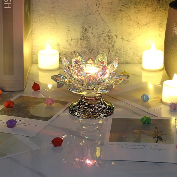 Fargerik krystall lotusblomst telysholder - Regnbuefarget glass telysholder lysestake