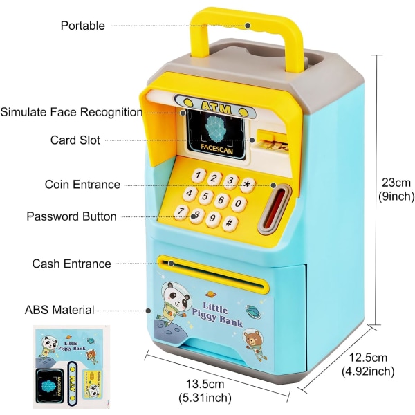 Sparebøsse for barn, sparebøsse for gutter og jenter med passord, minibank sparebøsse maskin kontantmyntkrukke, sparebøsse med elektronisk automatisk spole seddel