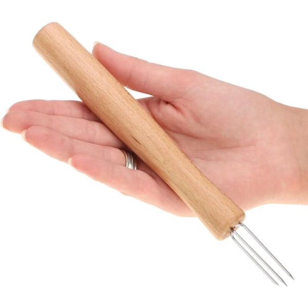 4 st potatisgafflar med 3 tänder (långt träskaft), i 430 rostfritt stål och bokträ, återanvändbara, extra stora, ergonomiska majskolvshållare