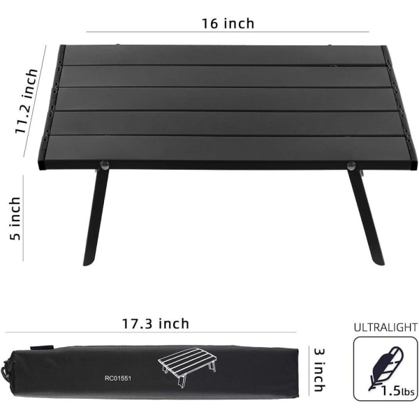 Taitettava rantapöytä alumiinista kannettava retkeilypöytä Ultrakevyt, musta