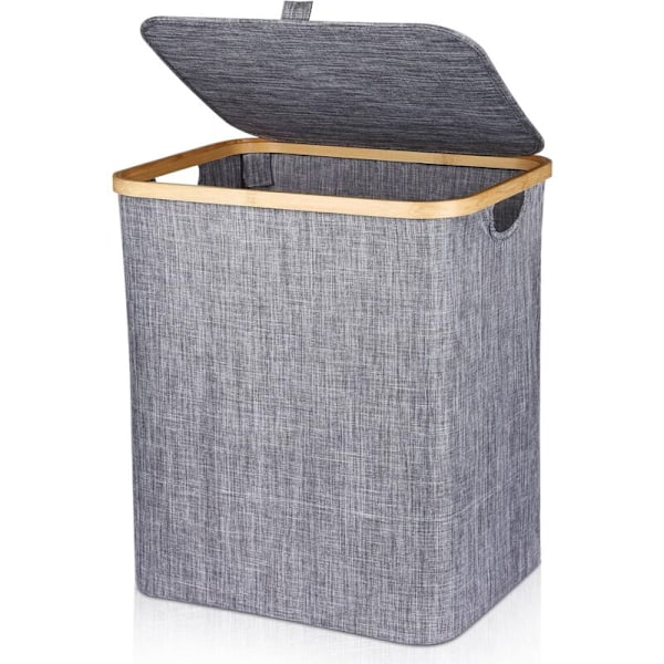 Linnekorg 60L Vikbar Tvättkorg Bambu Tvättkorg Låda med lock & handtag, rektangulär smutstvättkorg för smutsiga kläder, 40x