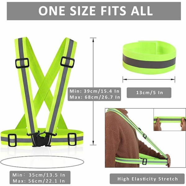 Grøn reflekterende vest sikkerhedsvest, justerbar og elastisk løberefleks med 2 stk. reflekterende armbånd sikkerhedsarmbånd til cykling,