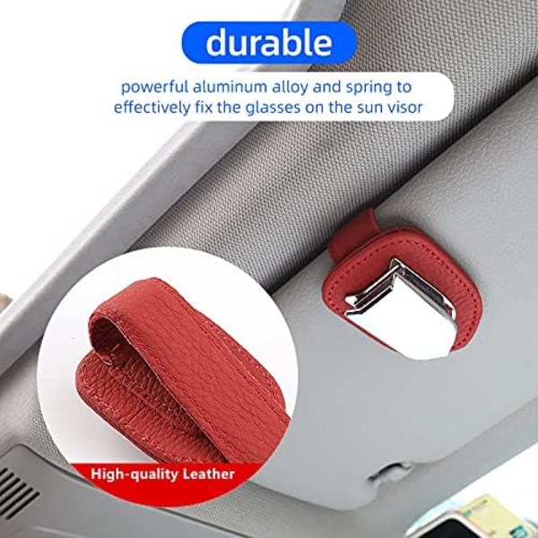 Solglasögonhållare Universal Bilsolskärm Klämma Läder Glasögonhållare för Bil, 2 Pack (Röd)