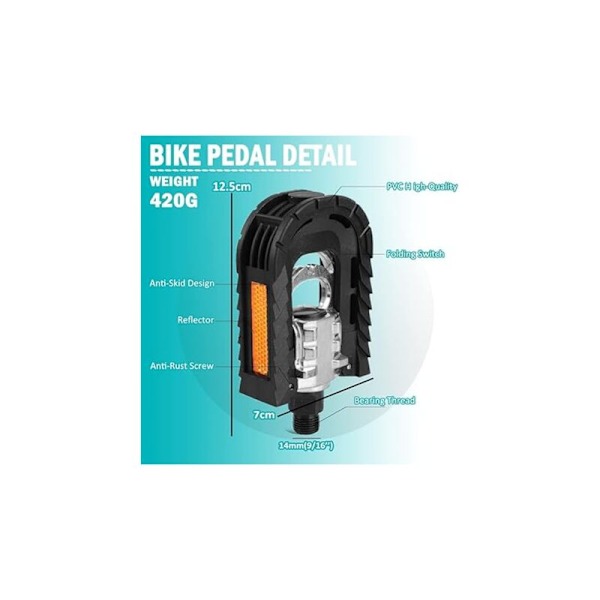 Fällbara cykelpedaler i aluminiumlegering med reflexer och rostskydd - Φ 14mm (9/16\") - Lätta att fälla ihop på tunnelbanan, för elcykel, MTB, landsvägscykel