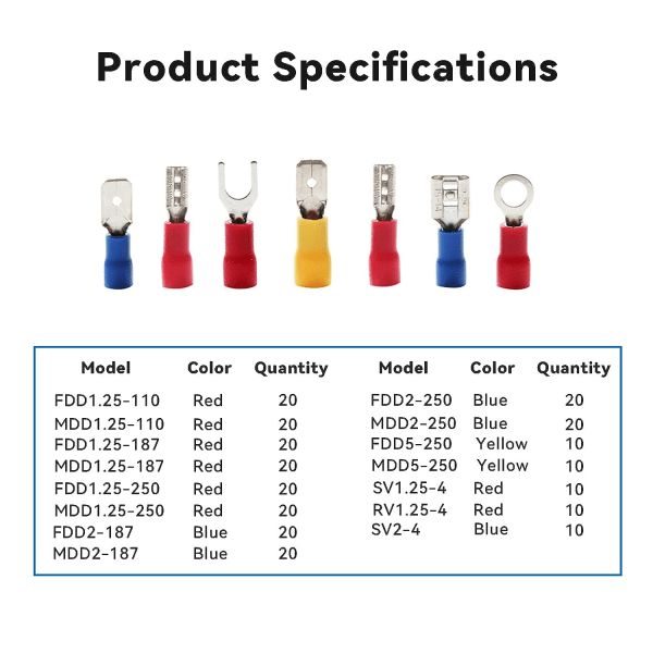 Sähköliittimet, 280 kpl puristusliittimiä, rengasliittimiä, luotiliittimiä, kaapeliliittimiä, 2,8 mm/4,8 mm/6,3 mm uros-/naaraspäätteitä, eristetyt liittimet, AWG 22-10, punainen, sininen,