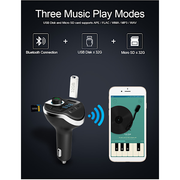 Bluetooth Bil Transmitter, Trådløs In-Car FM Transmitter Radio Adapter Bil Kit, FM Transmitter Bil med Dobbelt USB Opladningsport, Håndfri Opkald