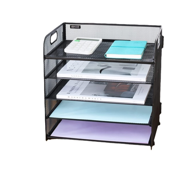 5-bakker Papir Organizer med håndtag - Mesh Desktop File/ Letter Organizer med sort papirsortering til kontor, hjem eller skole