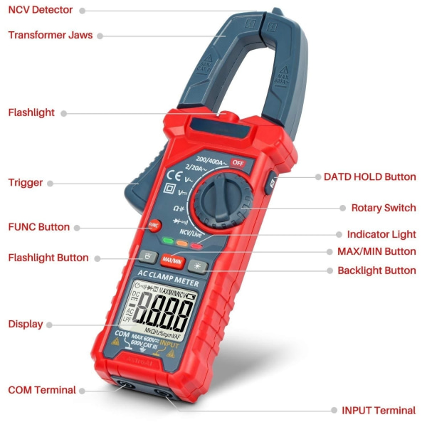 Digital TRMS 2000 räknar NCV klämma mätare, automatisk professionell multimeter, voltmeter, amperemeter, AC/DC spänningstestare, AC ström, motstånd, kontin