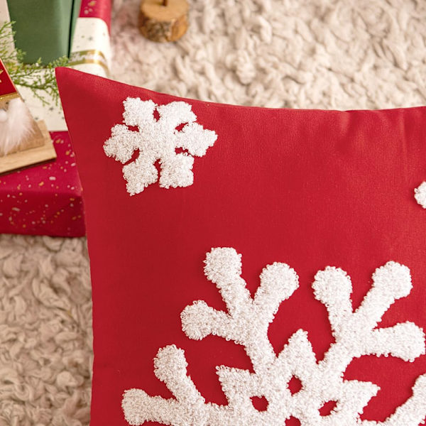 Julröd örngott dekorerad med snöflingbroderi soffkudde canvas kuddfodral 45*45cm