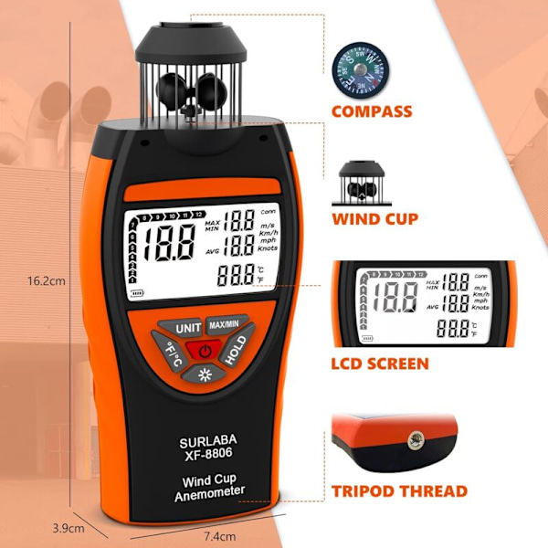Digitalt anemometer, 4 Vindhastighetsmåler 0,742m/s kopper, laptop anemometer måler MAX/min/AVG vindhastighet og temperatur (℃/℉), indikatorstrøm med c