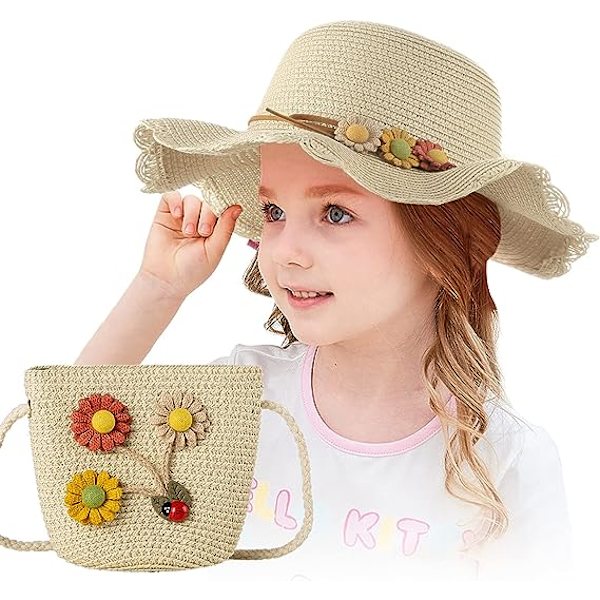 (Beige) Halmhattar Flickor Sol och Liten Väska Set med Blomdekoration Anti-UV Sommarhatt för Barn Strand Resor Vandring 3-7 År Gamla