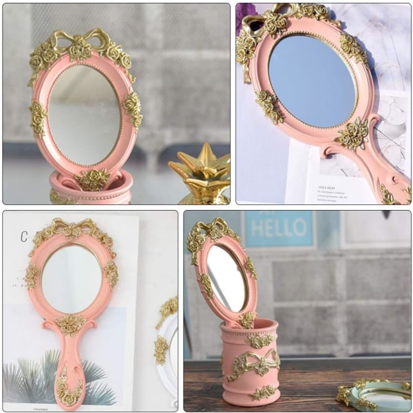 Vintage håndspejl Golden Rose kosmetikspejl med håndtag Antiq