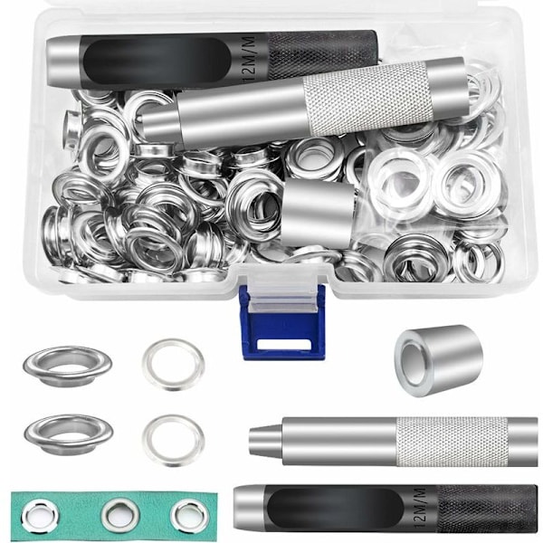 I purjesilmukkasarja työkalut 12mm metalliset setit 100 Grimmet Kit -purjesilmukkaa kankaalle, hopeanvärisen Tente-korjaukseen (1/2 tuumaa)