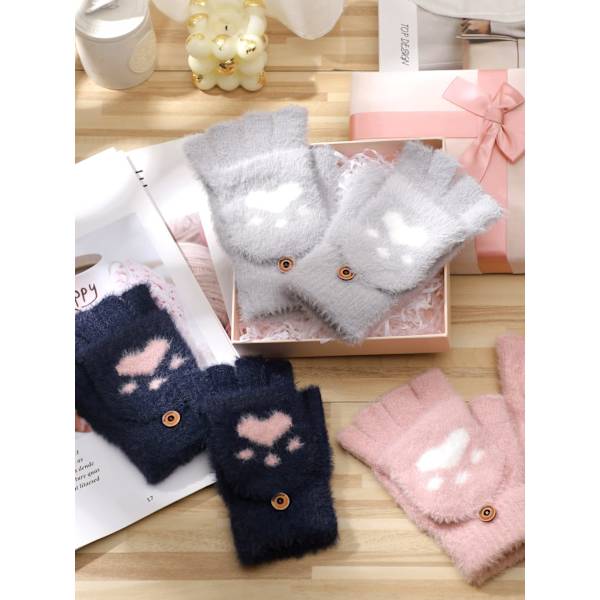 3 par vinter fingerløse handsker varme konvertible handsker flip katteklo handsker til kvinder koldt vejr cosplay (pink + navy + grå)