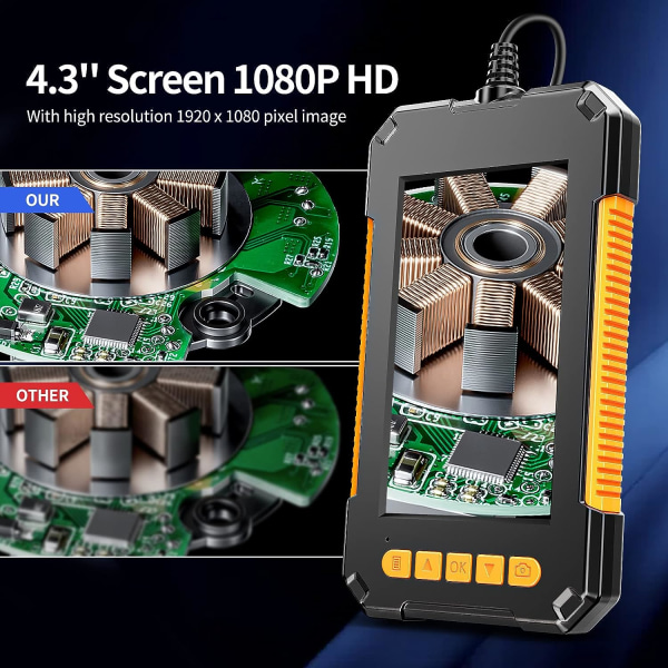 Industriell boroskop, 1080P HD digital boroskop, 4,3 tums skärm, 3,9 mm IP67 vattentät inspektionskamera med 6 LED-lampor, halvstyv kabel, (5M)