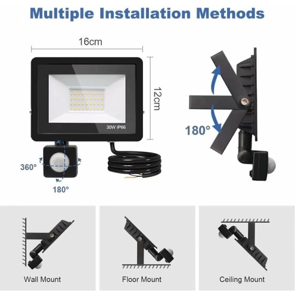 30W Bevægelsessensor LED Flomlys, IP66 Vandtæt Kraftig Udendørs LED Spotlys, Koldt Hvidt (6500K) Udendørs Led Belysning til Have Terrasse Garage