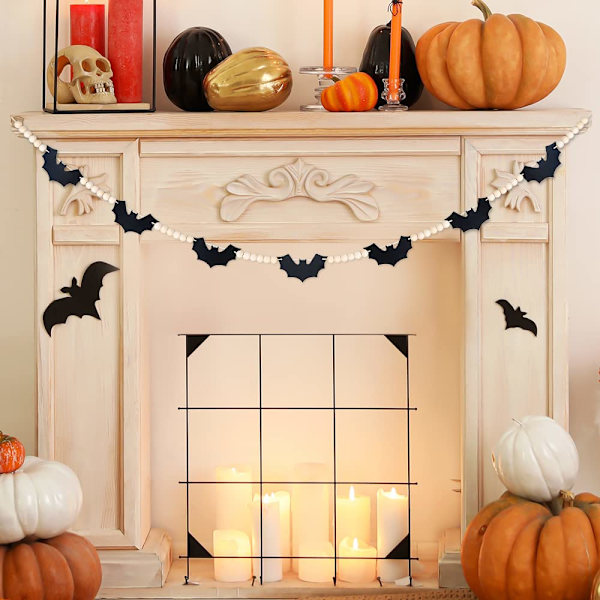 Halloween-seppele, lepakkoseppele Halloween-takka-koristeluun, huopa-lepakot puuhelmi-banneri takan reunakoristeluun