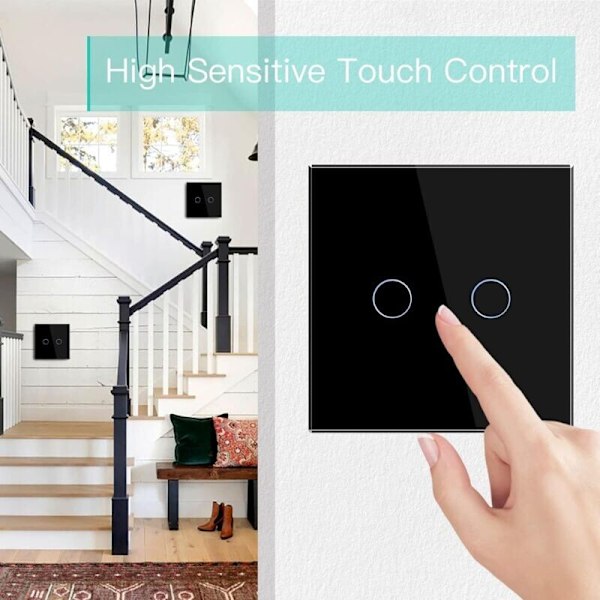 Touch Switch, Svart 2-vägs ljusströmbrytare med 2 knappar och LED-display, Touch Switch med Touch Sensor Kristallglaspanel - Ingen neutral ledning