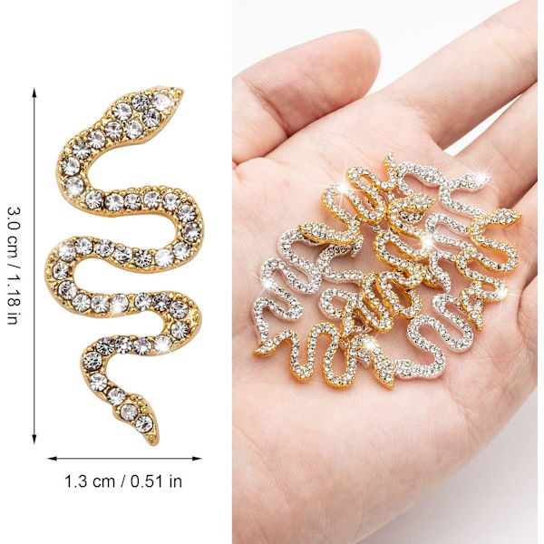 Guld/Silver - 10 st ormformade nagelkonstberlocker med strass, guldnagelstift och diamantvågsorm för DIY-nagelkonstdekorationer.