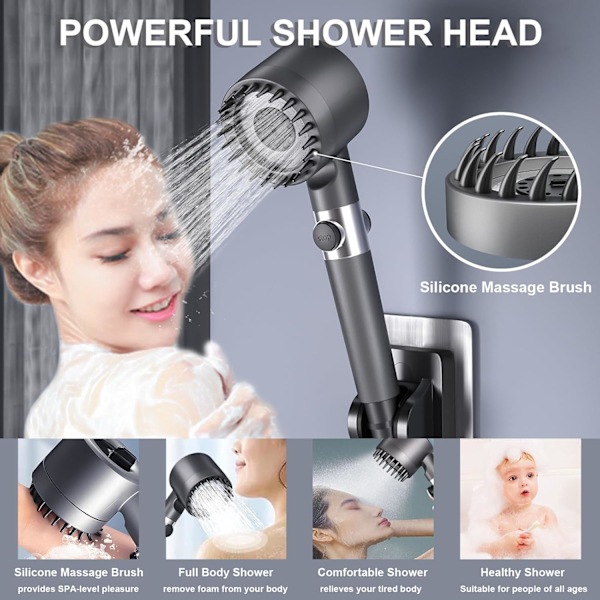 Hard Water Shower Pro - 4-Modus Høytrykksdusjhode m/ 1,5m Slange & Stativ - Filtrert Massasjespray m/ Pa (Grå)