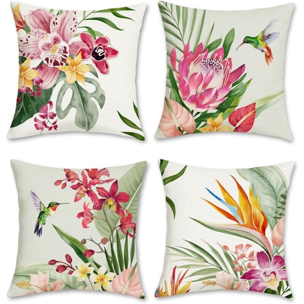4 stk. putetrekk tropiske blomster 45 x 45 cm blomster utendørs blad polyester dekorativt sommer putetrekk for sofa soverom hus hage
