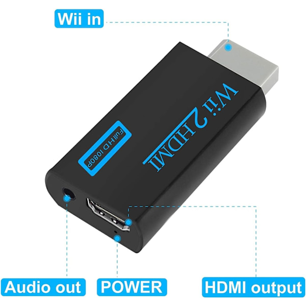Wii till HDMI-omvandlare, Full HD 1080P videoadapteromvandlare med 3,5 mm ljud och HDMI-utgång, stöder alla Wii-visningslägen -Svart