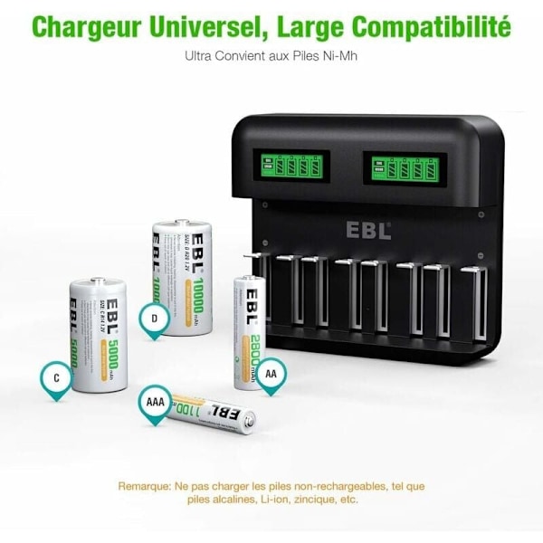 Universell LCD Batteriladdare - Laddare för AA/LR6, AAA/LR3, C/R14, D/R20 Ni-MH Uppladdningsbara Batterier, Batteridetekteringsteknik