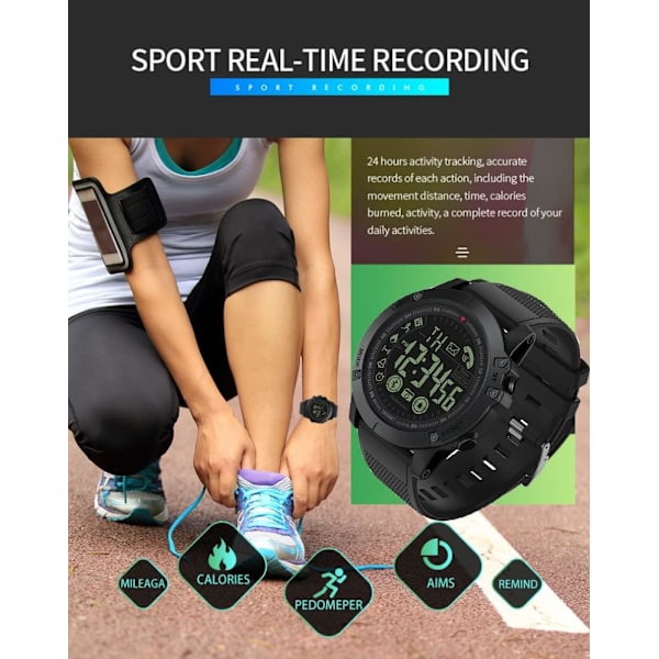 Militær Smartwatch til mænd med lang batterilevetid, militær smartwatch til mænd, militær smartwatch med stopur, aktivitetsmåler til mænd til Android iOS (sort)