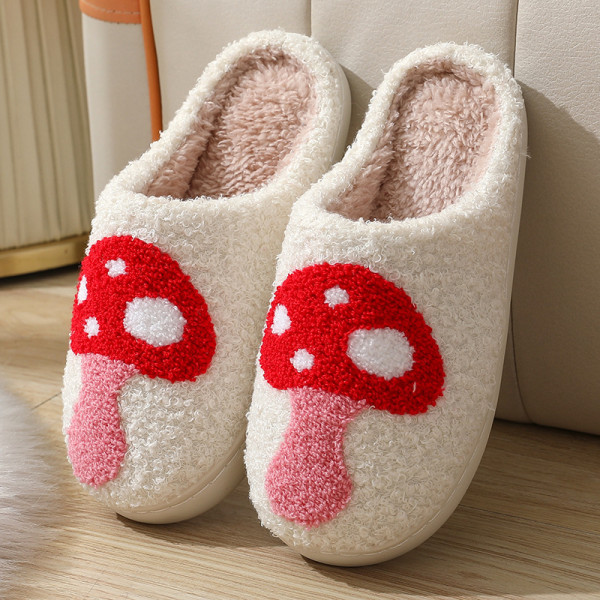 Sopp tøfler kvinners fluffy retro myk plysj hjemmesko fluffy slip-on komfortable innendørs utendørs tøfler 24,5 cm