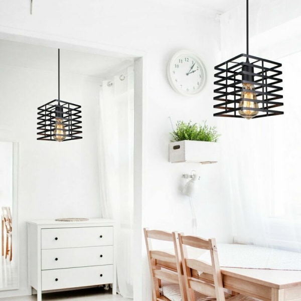 Industriell anheng lysekrone bur jern taklampe E27 for soverom spisestue bar svart - firkant - svart