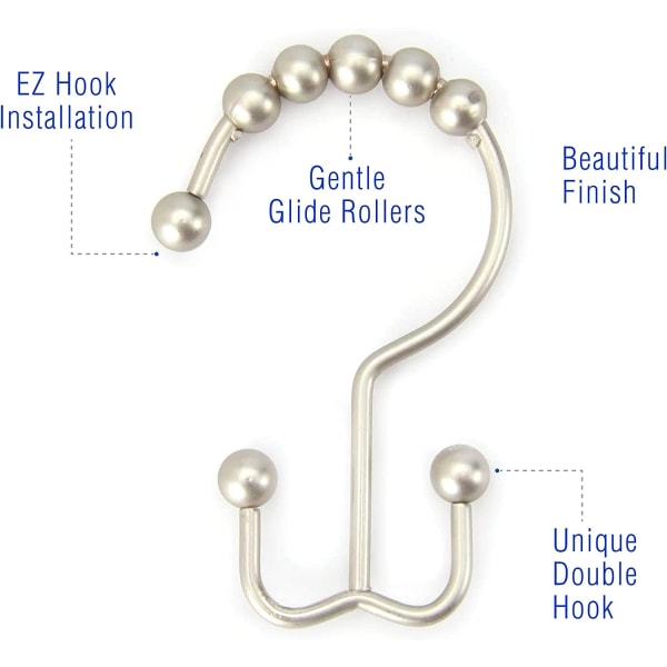 12 borstade nickel dubbla duschdraperikrokar. Premium kvalitet rostfritt stål duschdraperi ring. Glidande rullkulor på utdragbar duschstång