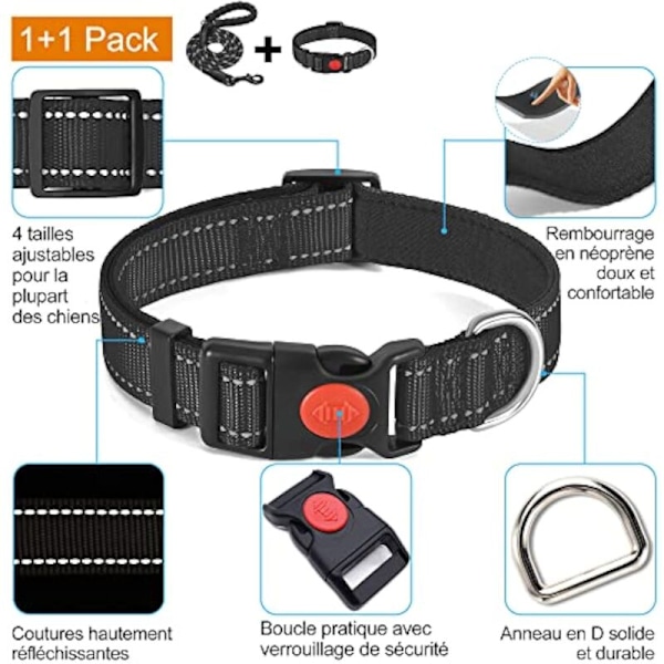 Halsband för reflekterande hund vadderat med flexibelt och ventilerande neopren, justerbart i nylon för små, medelstora och stora hundar (svart + blå)