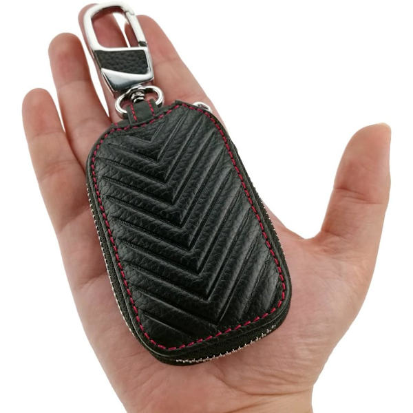 Svart äkta läder bil smart nyckelkedja mynthållare fodral fjärrnyckelkedjor fob väska nyckelring plånbok dragkedja fodral