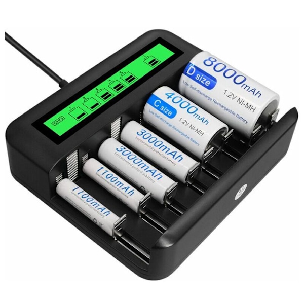 8-paikkainen Nopea LED Yleislaturi, Akkulaturi AA/AAA/C/D NI-MH NI-CD Ladattaville Akuille USB-portilla