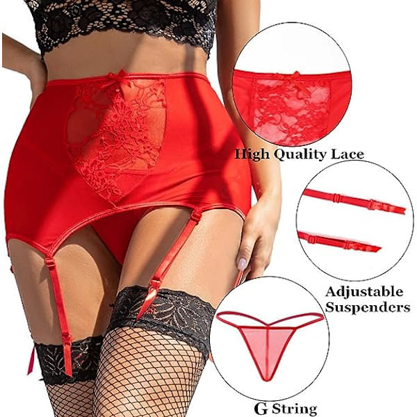 Kvinders høje talje blondebælte (rød, taljeomkreds 56-86), mesh suspender med thong sexet undertøj