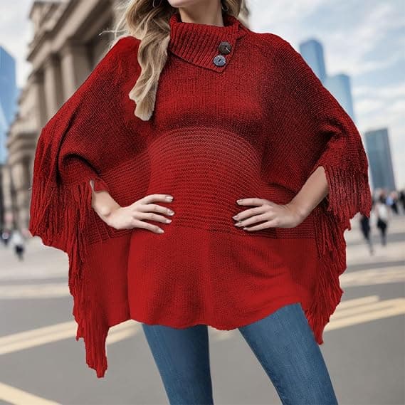 Dame poncho sjal skjerf oversized vinter skjerf strikket poncho genser varm (rød)