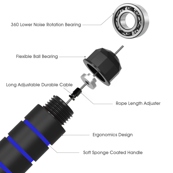 Hopprep med bomull, justerbar hopprep, viktad hopprep för kvinnor, vuxna och barn, sport, fitness, sport, hopprep, svart blå
