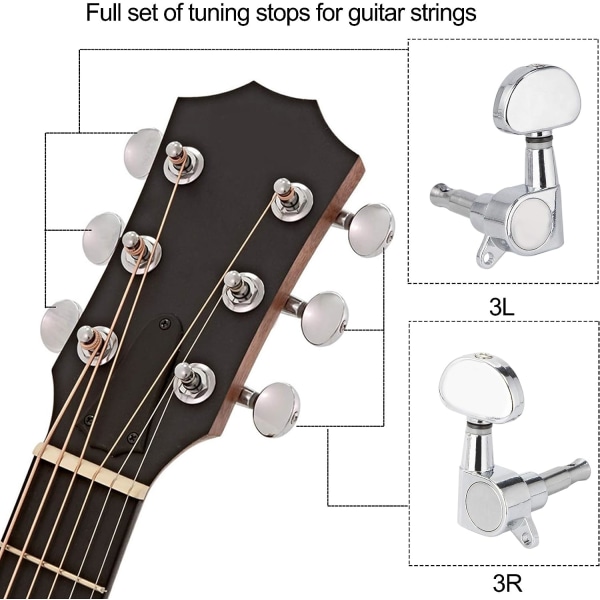 Gitar (6 stk) Stemmeskruer Knapper, 3L3R Streng Stemmeskruer Nøkler Pegger Lukkede Hoder Reservedeler for Elektrisk eller Akustisk Gitar
